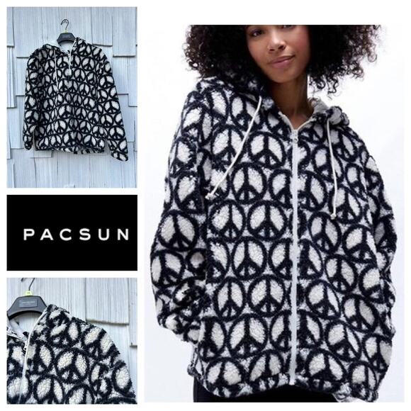 Pacsun Peace Sign Sherpa Hoodie Black White‎ Cozy Warm Zip Up Jacket Size L - Picture 1 of 8